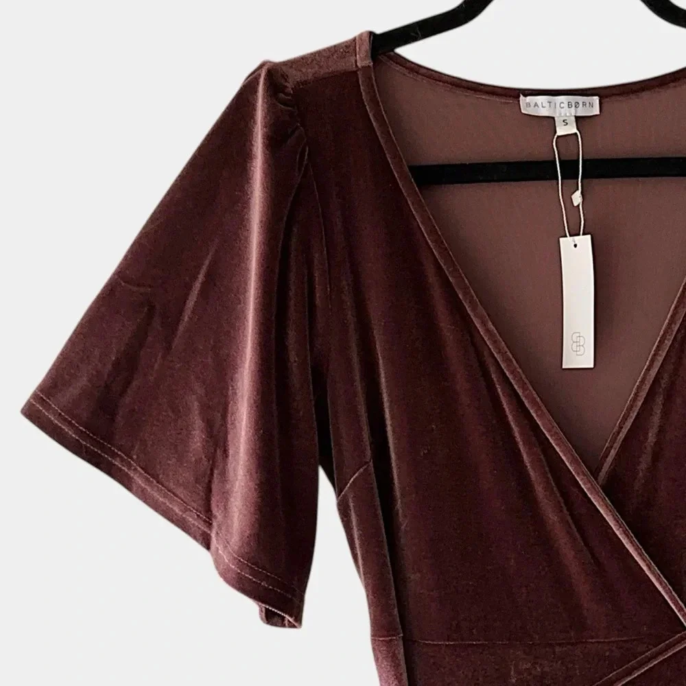 NWT BALTIC BØRN MEGHAN VELVET WRAP DUSTY PLUM MAXI DRESS FLUTTER SLEEVE | SMALL_4